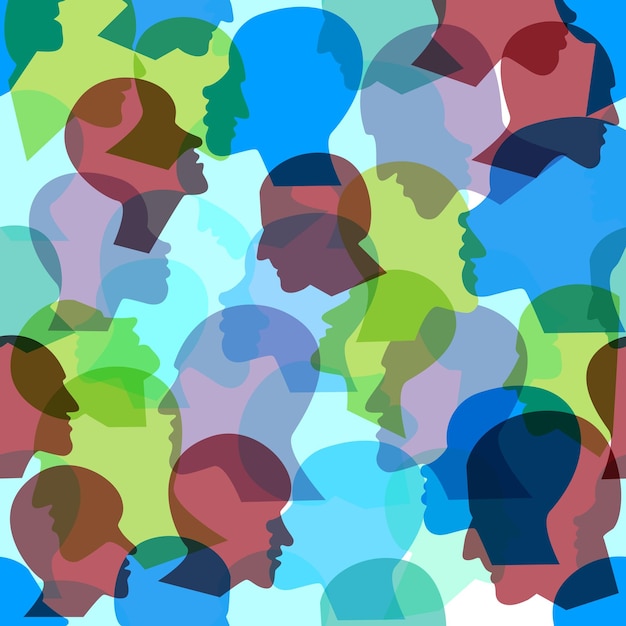 Vector seamless pattern of a crowd of many different people profile heads vector background