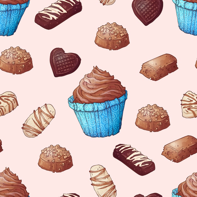 Vettore modello senza cuciture di disegno a mano cioccolatini cupcakes