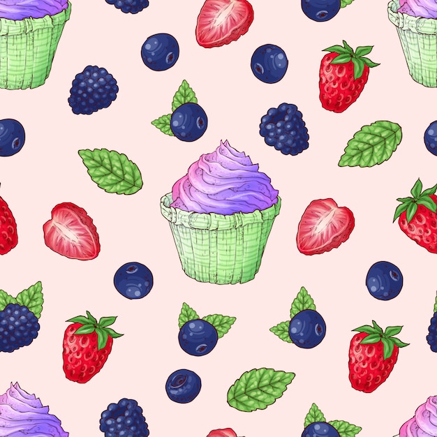 Seamless pattern cupcakes strawberry raspberry cherry.