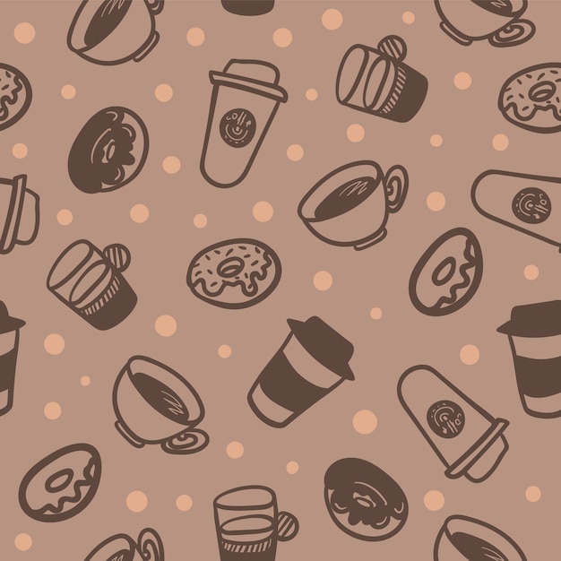 Seamless pattern of a cups of coffee and delicious donuts.