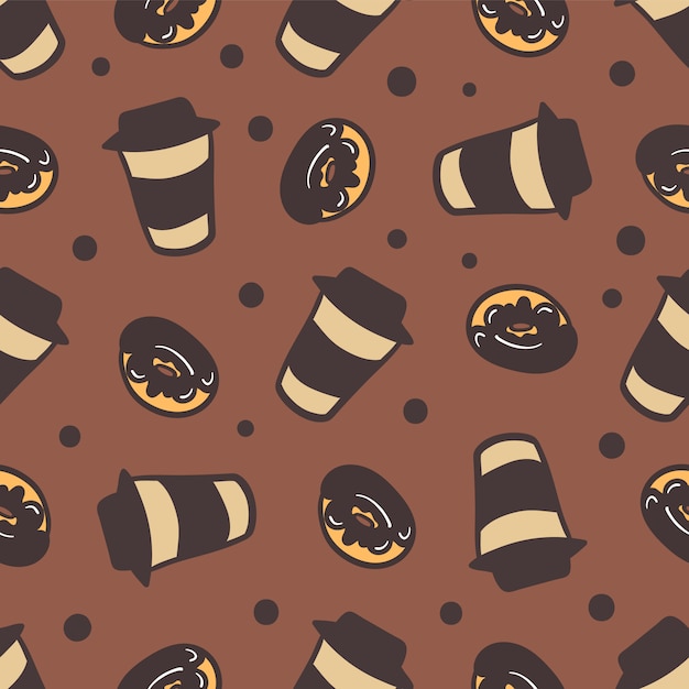 Vector seamless pattern of a cups of coffee and delicious donuts.