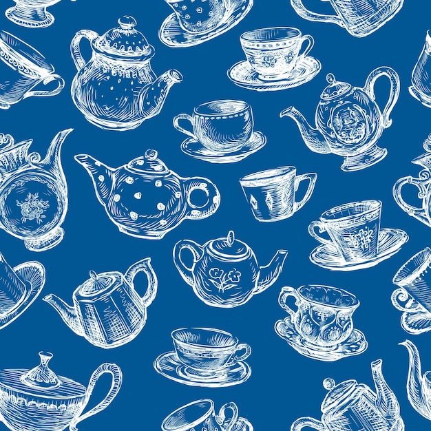 Seamless pattern of cups and teapots sketches