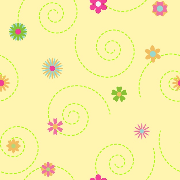 Seamless pattern of curls and flowers in various colors and shapes