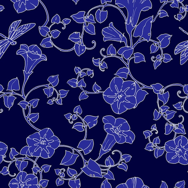 Seamless pattern curly bindweed flowers Floral vector color illustration