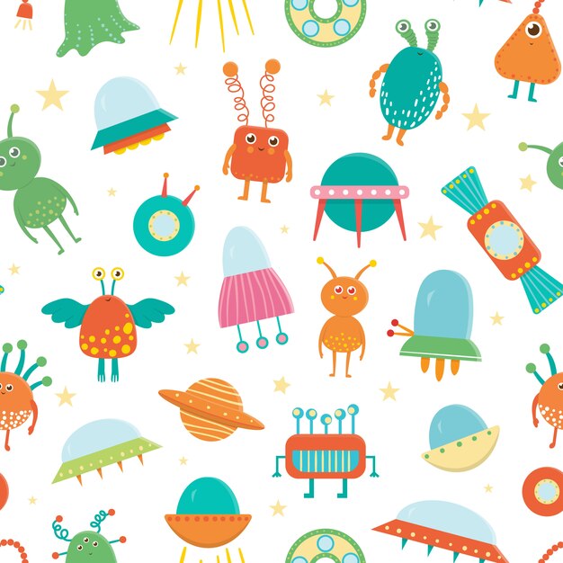 seamless pattern of cute aliens, ufo, flying saucer for children. Bright and funny flat illustration of smiling extraterrestrial creatures on white background. Space picture for kids.