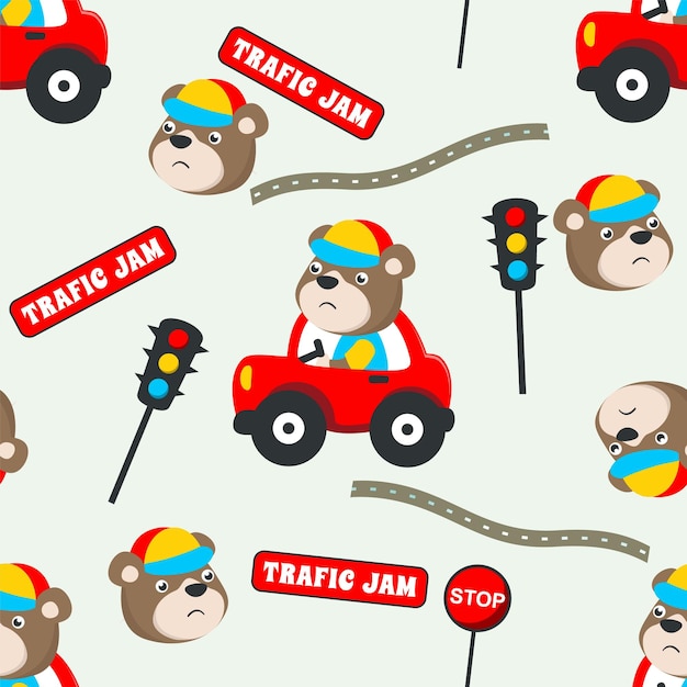 Vector seamless pattern of cute animal driving a car go to forest funny animal cartoon