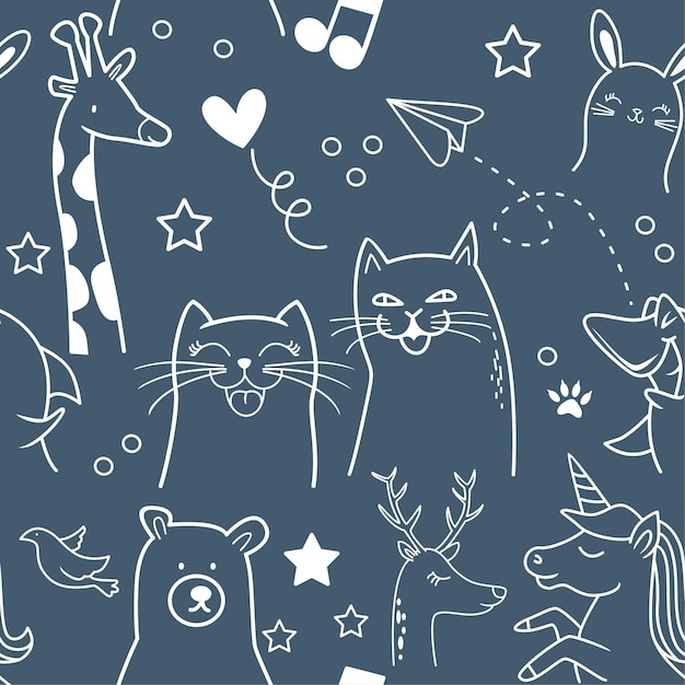 Vector seamless pattern of cute animal funny doodle animalsvector illustration