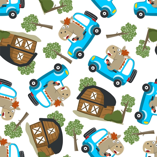 Seamless pattern of cute animal having fun driving off road car on sunny day