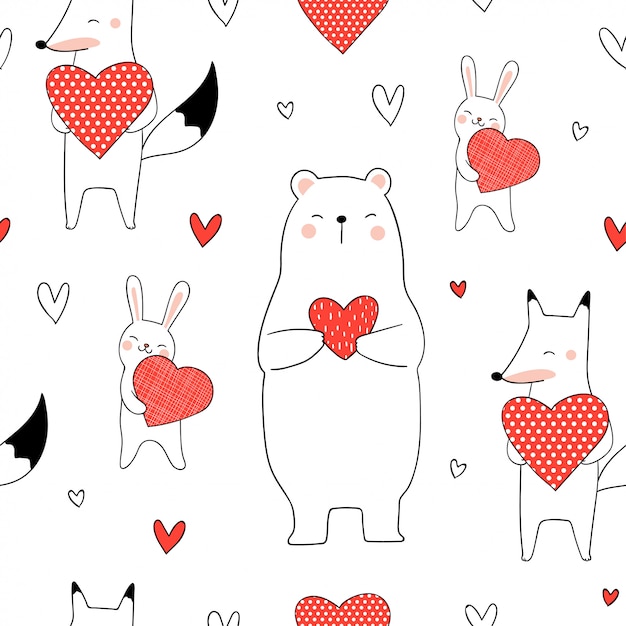 Seamless pattern cute animal holding red heart for valentine