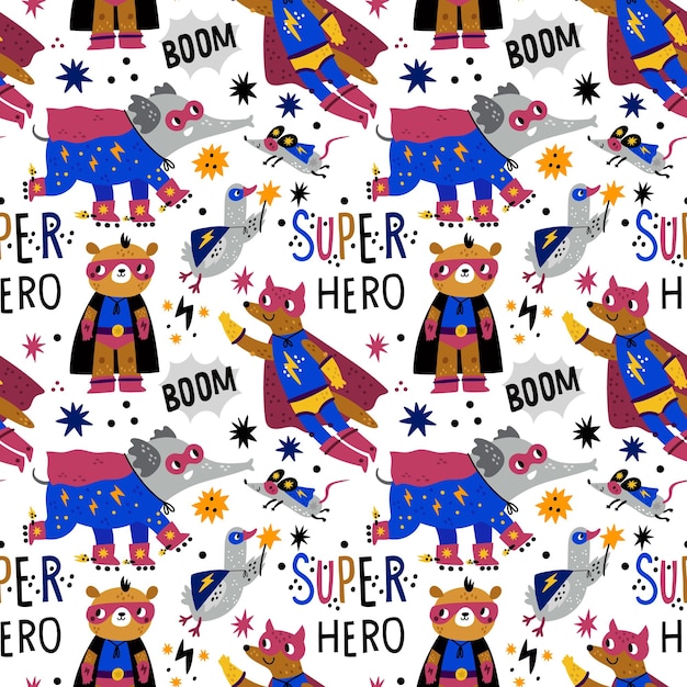 Vector seamless pattern cute animals superheroes funny cartoon characters with color capes and masks kids heroes in costumes elephant bear and fox decor textile wrapping paper wallpaper vector print