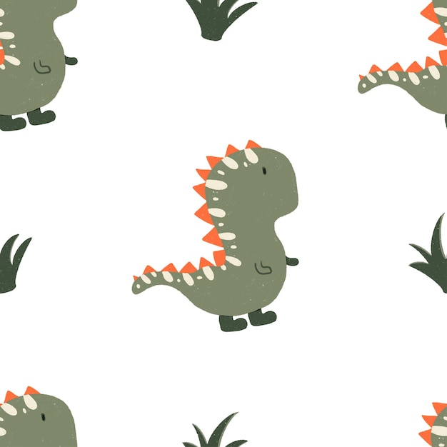 Seamless pattern Cute Baby Dinosaur trex jurassic and grass