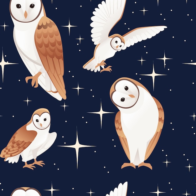 Vector seamless pattern of cute barn owl tyto alba with white face and brown wings cartoon wild forest bird animal design flat vector illustration on dark night background with glittering stars