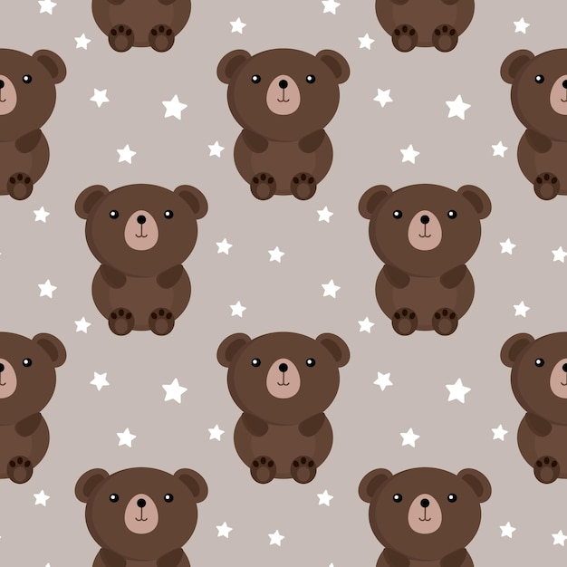 Бесшовный узор милые медвежата на сером фоне с маленькими звездами Детский принт текстиль