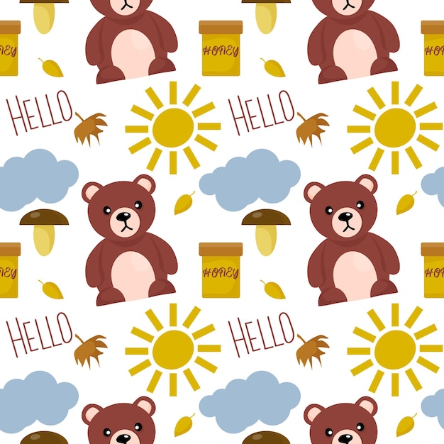 Seamless pattern of cute bear with honey barrel and sun cloud and botanical elements