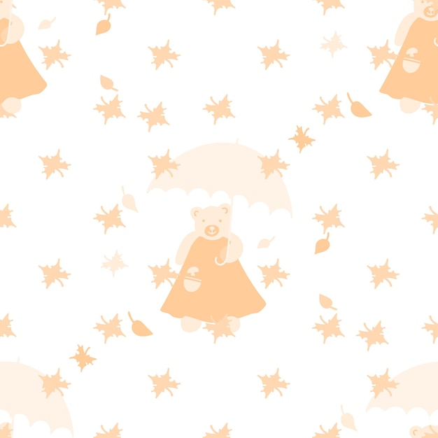 Seamless pattern of cute bear with umbrella and fall autumn leaves.