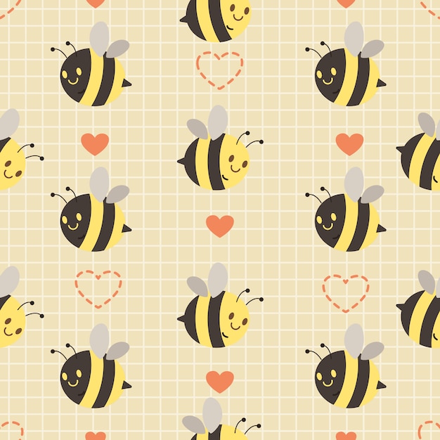 Il modello senza cuciture di ape carina e cuore su sfondo giallo. il personaggio di un'ape carina che vola in aria con gli amici. il personaggio di un'ape carina in stile piatto.