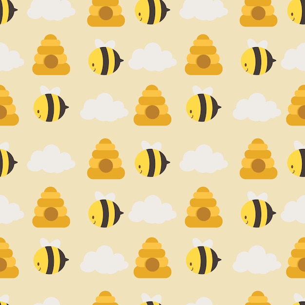 귀여운 꿀벌과 벌집과 흰 구름의 원활한 패턴