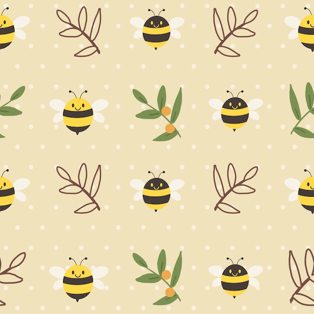 The seamless pattern of cute bee and leaves on the yellow background with polka dot in flat  style.