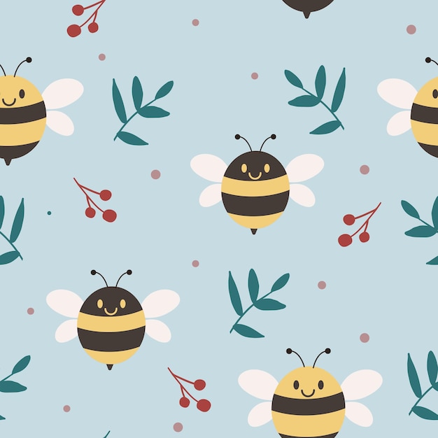 The seamless pattern of cute bee with leaf in flat vector style illustration background