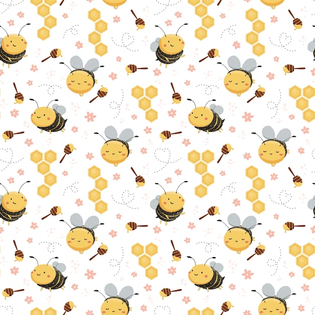 Seamless pattern cute bees and honey jar for wallpaper textile background or surface design