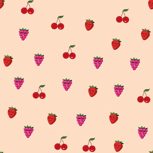 Vector seamless pattern cute berries with eyes and smiles beige background colorful pattern for kids