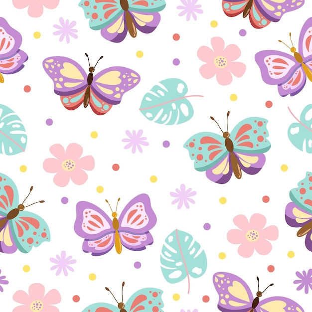 Vector seamless pattern of cute butterfly cartoon with flowers