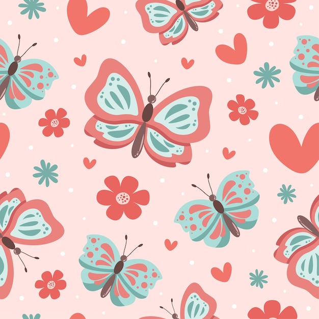 Vector seamless pattern of cute butterfly cartoon with heart