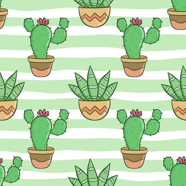 Seamless pattern of cute cactus with colored doodle style