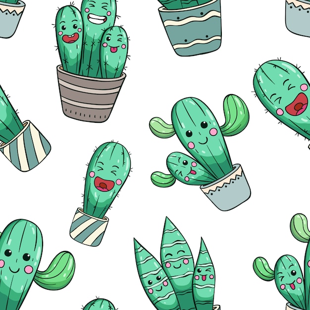 Seamless pattern of cute cactus with kawaii face or expression