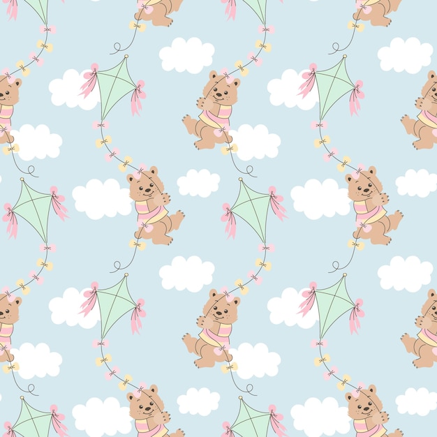 Seamless pattern cute cartoon bears fly on a kite in the sky with clouds baby background print