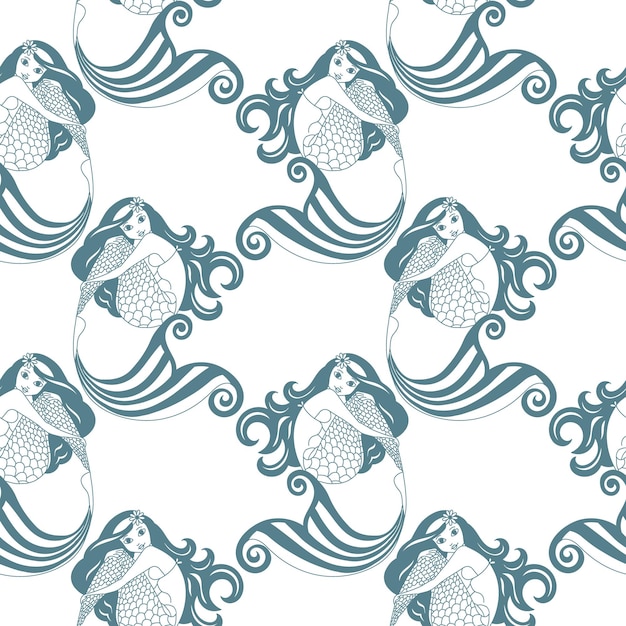 Seamless pattern, cute cartoon blue mermaids on a white background. Textile, wallpaper, vector