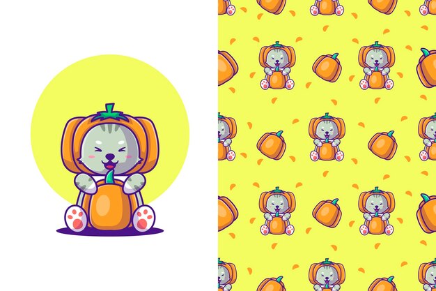 Seamless pattern cute cartoon cat with pumpkin happy halloween