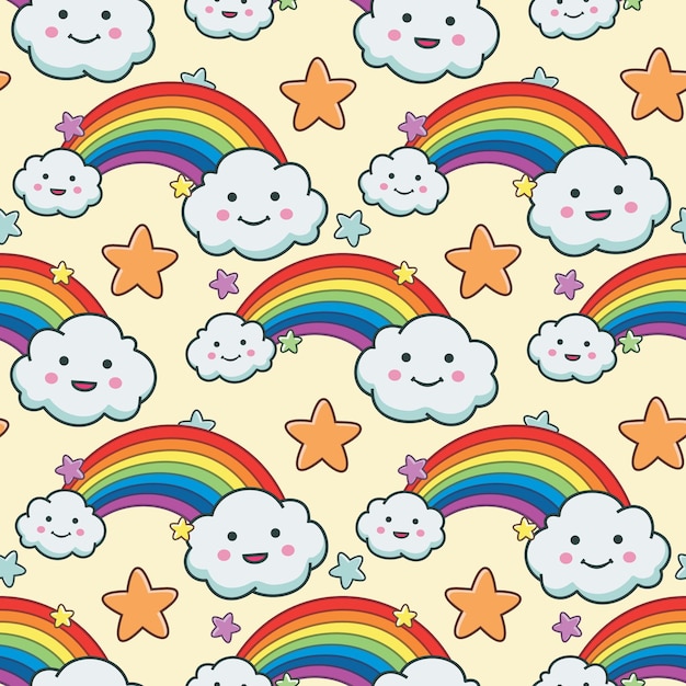 Vector seamless pattern cute cartoon clouds and rainbow with stars.