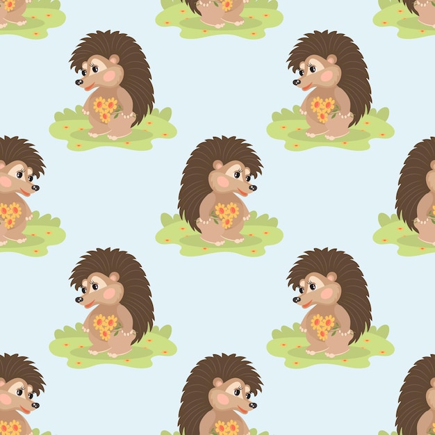 Seamless pattern cute cartoon hedgehog with a bouquet of flowers children's print background