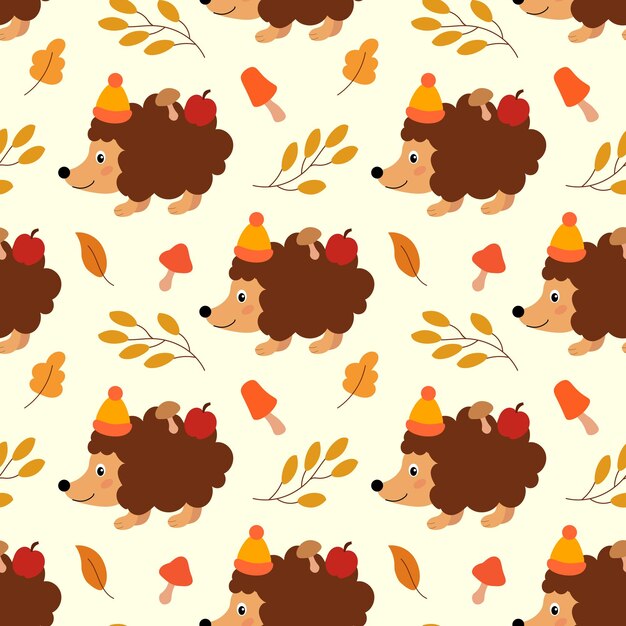 Vector seamless pattern of cute cartoon hedgehogs with autumn leaves apple mushrooms cozy autumn