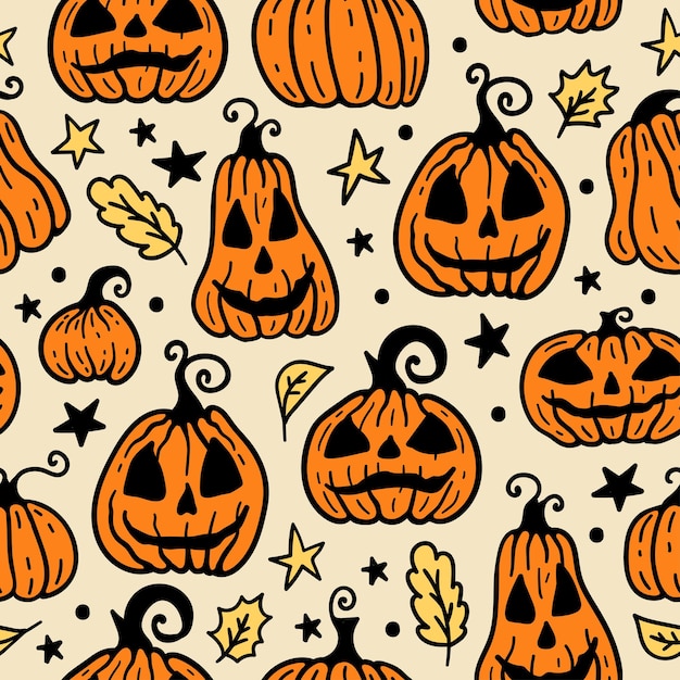 Seamless pattern of cute cartoon orange Halloween pumpkin on light background