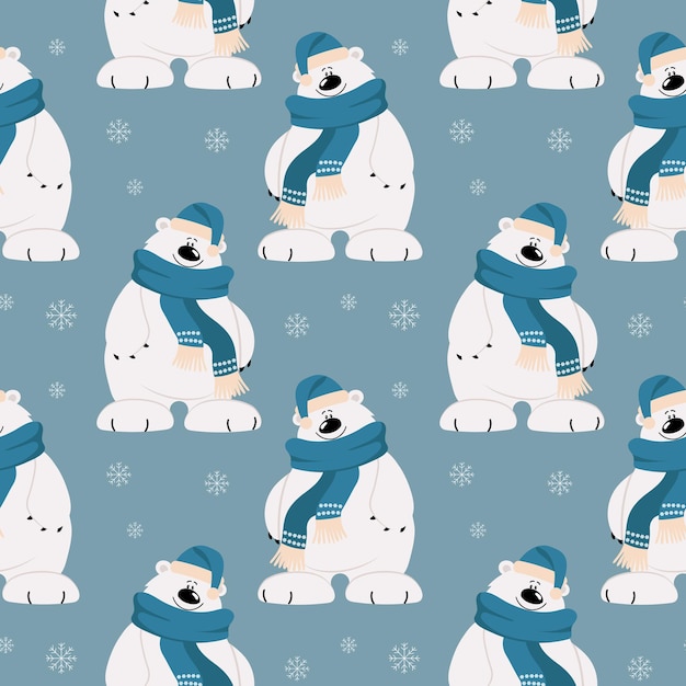 Seamless pattern, cute cartoon polar bear in a scarf and hat on a background of snowflakes. Print