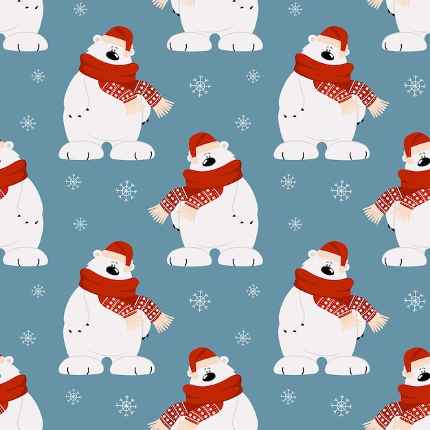 Бесшовный рисунок, милый мультяшный белый медведь в шарфе и шапке на фоне снежинок. Распечатать