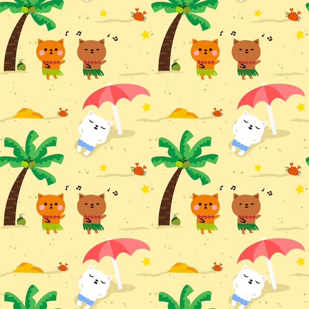 Vector seamless pattern cute cat hawaii party on the beach.