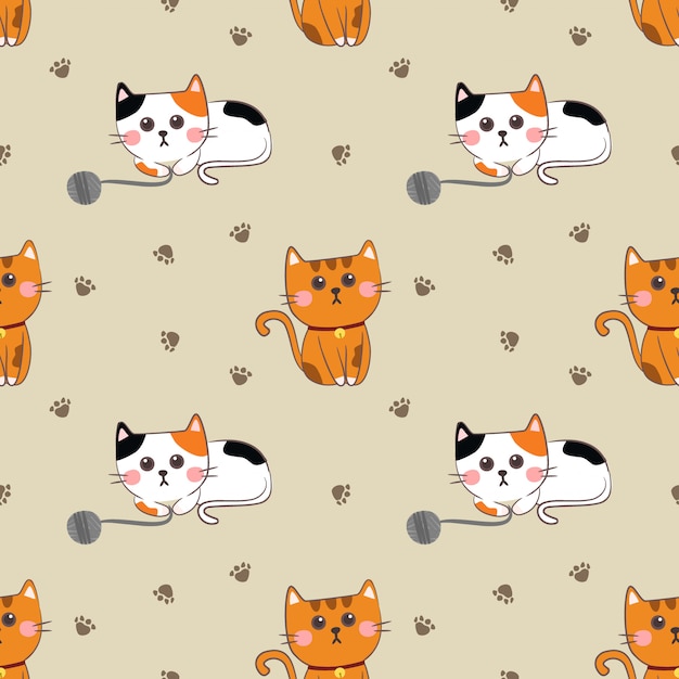 Seamless pattern cute cat play yarn ball.