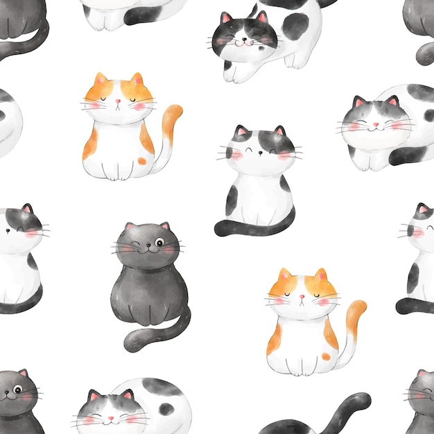 Seamless pattern cute cat Watercolor style