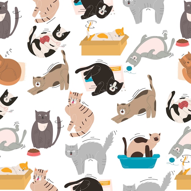 Seamless pattern of cute cats in different poses on a white background in a modern flat style. animals.