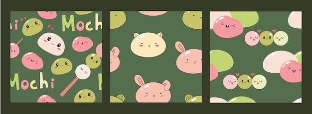 Vector seamless pattern cute characters dessert mochi cartoon clipart for print textile wallpaper