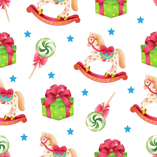 Vector seamless pattern of cute christmas vector illustrations of a rocking horse a gift and a lollipop