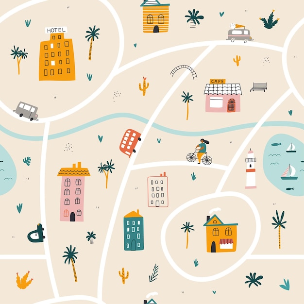 Seamless pattern cute city map with houses and car city design kids print vector illustrations