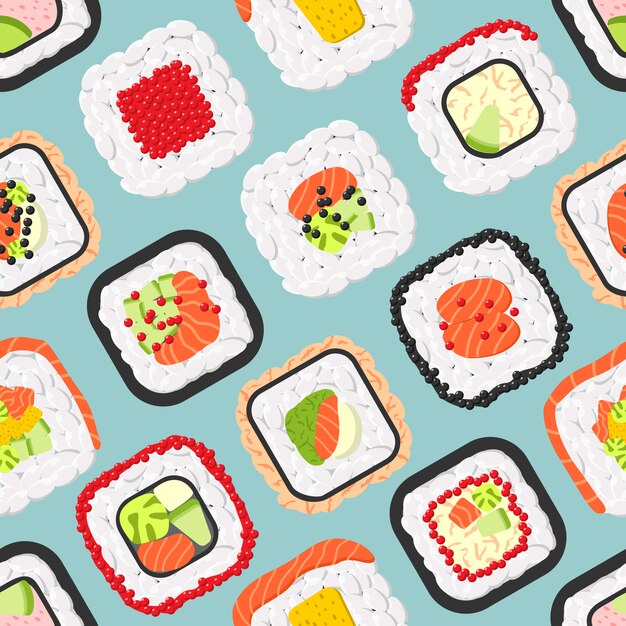 Vector seamless pattern of cute colored sushi rolls