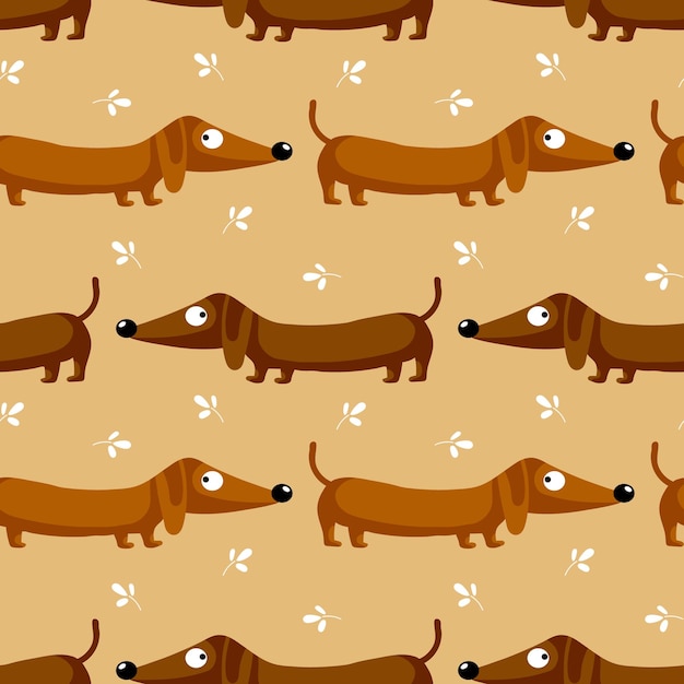 Вектор Бесшовный узор милые собаки таксы и листья на коричневом фоне счастливая концепция