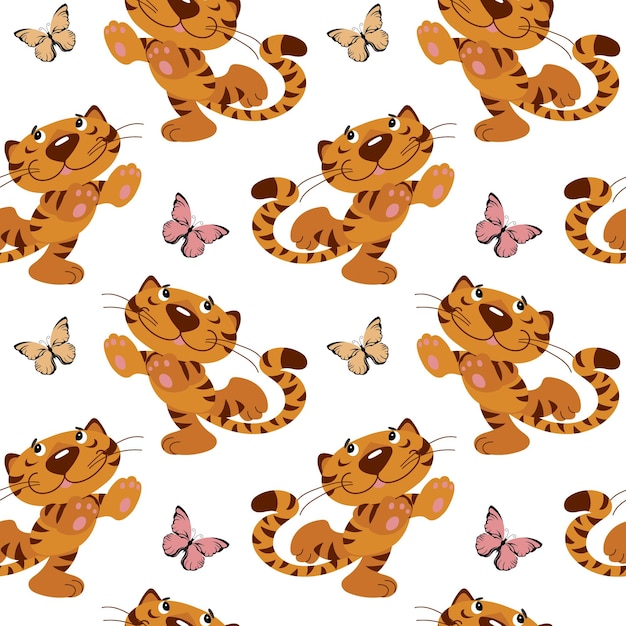 Seamless pattern cute dancing tigers with butterflies on a white background Print for children