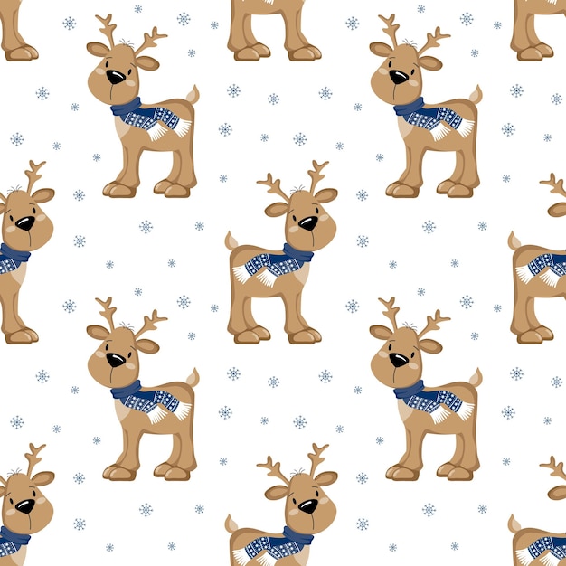 Seamless pattern, cute deers in a scarf on the background of snowflakes.Children's textile,Christmas