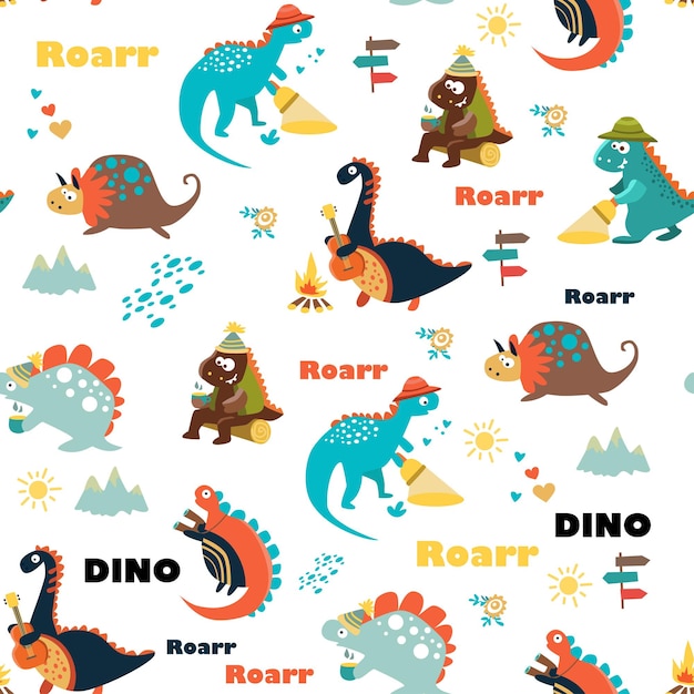 Seamless pattern of the cute dinosaurs cartoon set flat vector